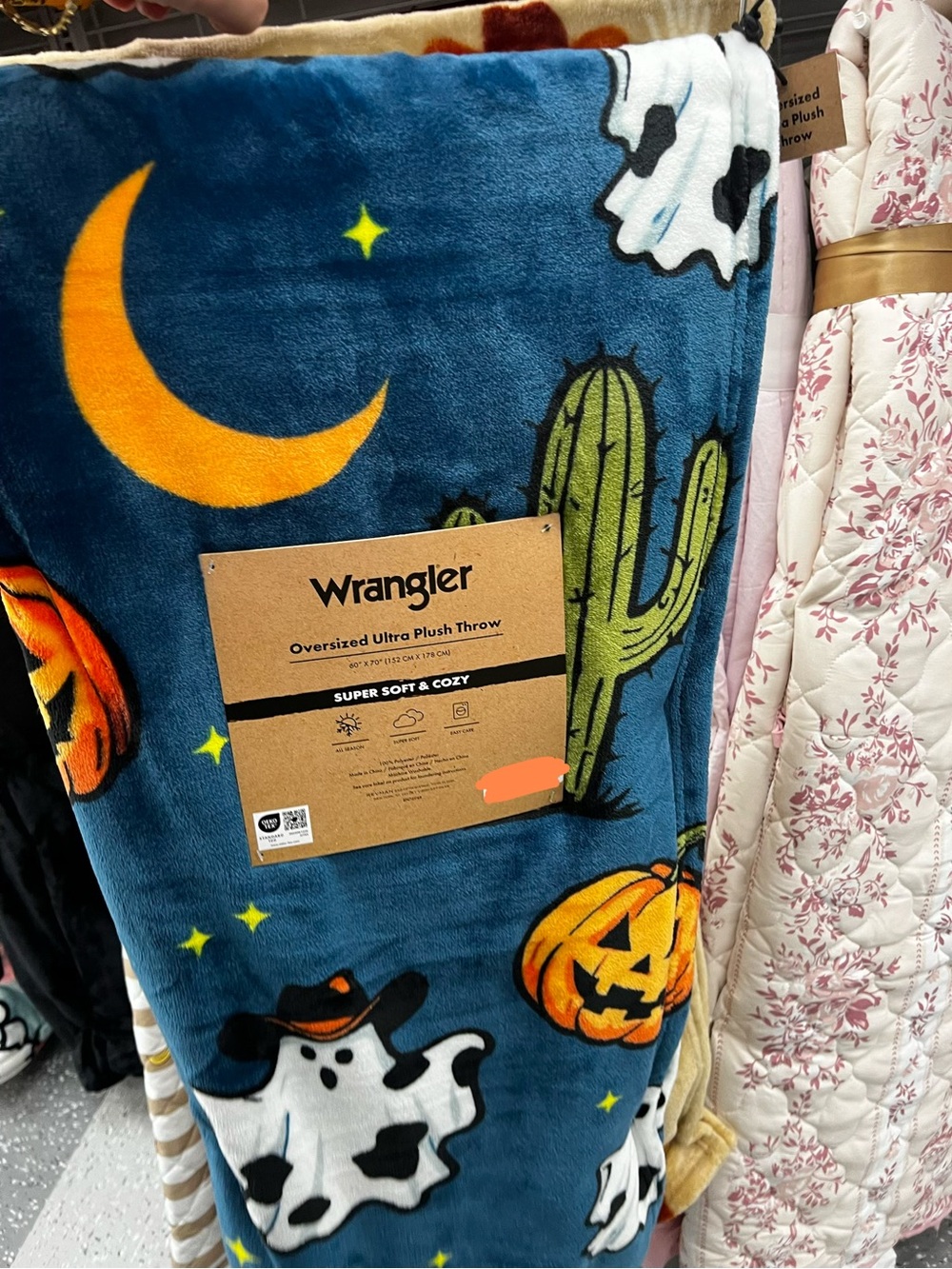 Wrangler Blue Halloween Plush Throw with Pumpkin, Ghost & Cactus